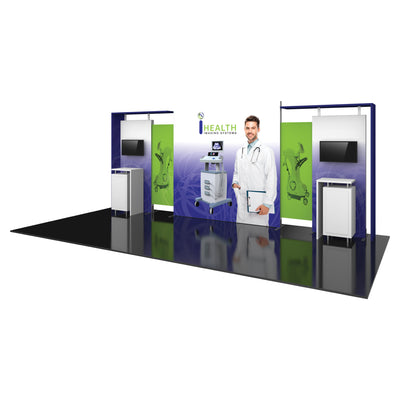 Modular trade show display featuring medical imaging system, doctor image, monitors, and counters for exhibitions
