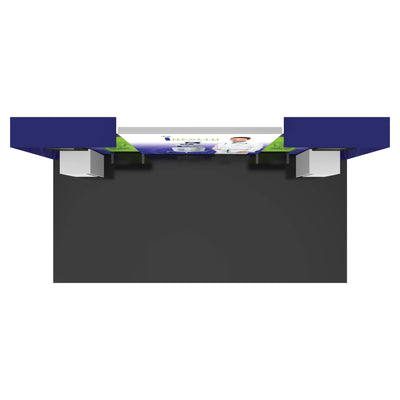 Trade show modular display booth with large backlit graphics and integrated counters for exhibitions and events