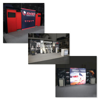 Modular trade show displays with branded graphics and integrated digital screens for exhibitions and events
