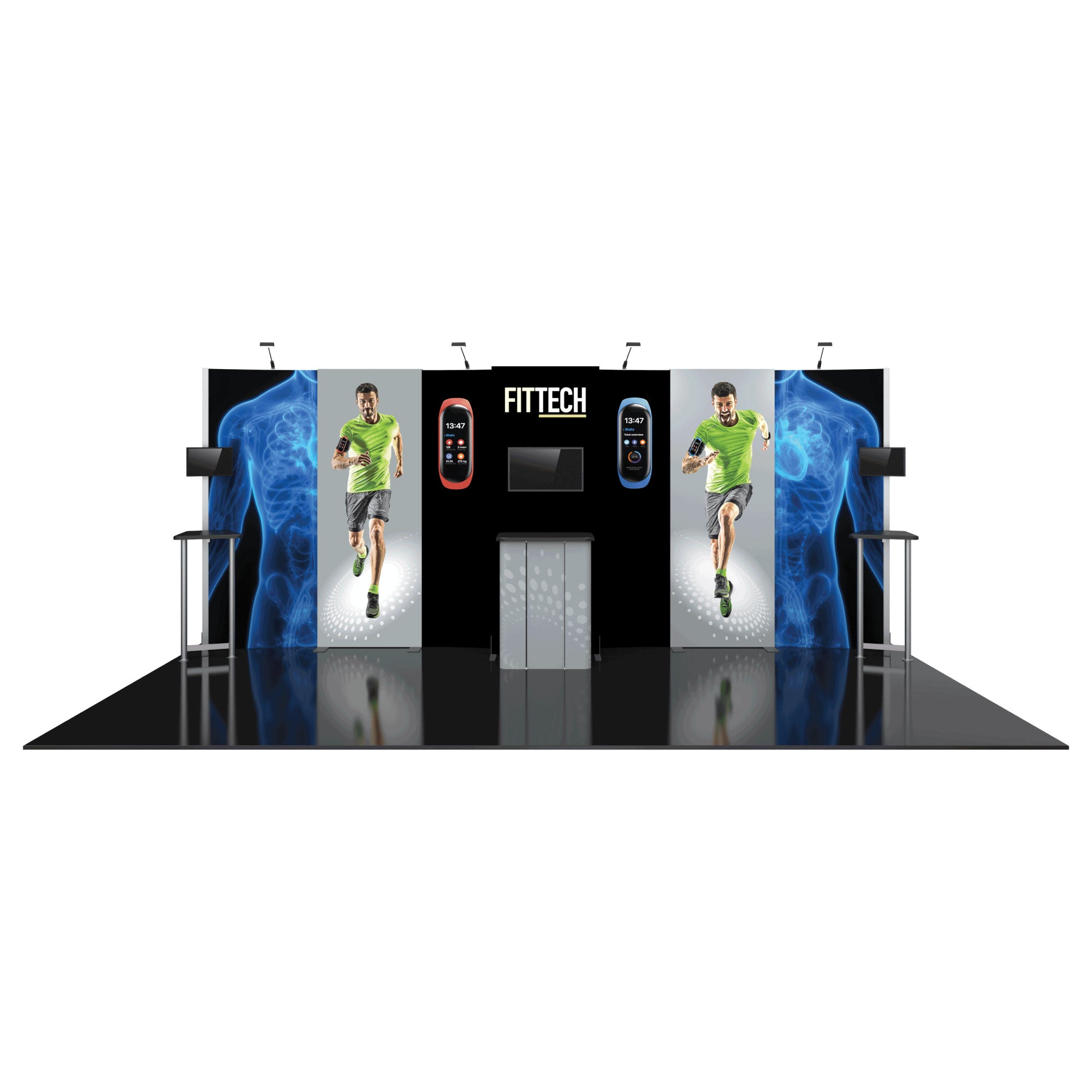Trade show modular display featuring fitness technology brand FITTECH with running athlete images and digital screens