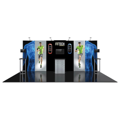 Trade show modular display featuring fitness technology brand FITTECH with running athlete images and digital screens