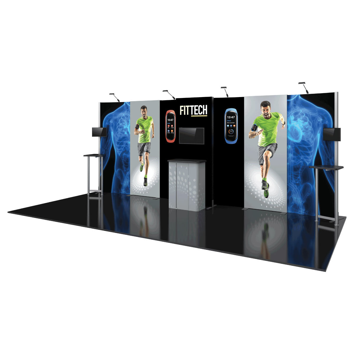 Modular trade show display featuring fitness tech branding, product images, and athlete visuals for exhibitions