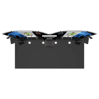 Modular trade show exhibit display with curved panels and workstation for exhibitions and events