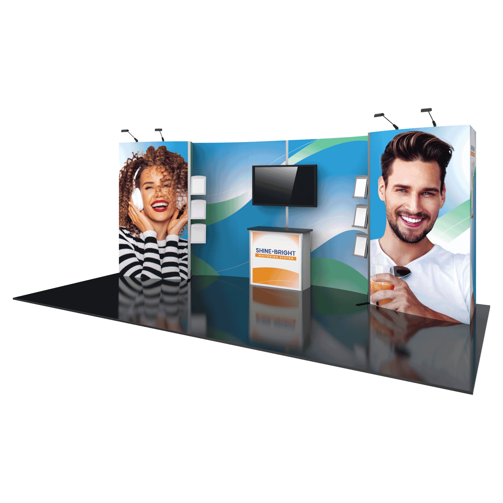 Trade show modular display booth with graphic panels, monitor, literature holders, and branded counter