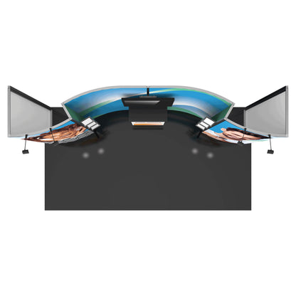 Modular curved trade show display with graphic panels and lighting for exhibitions and special events