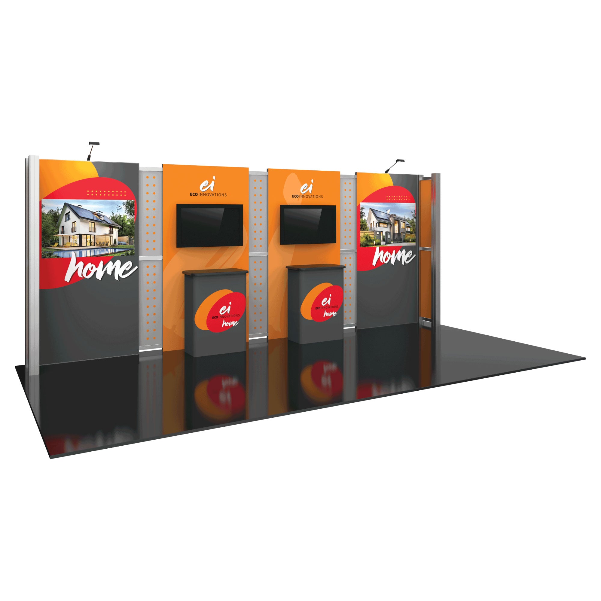 Modular trade show display booth with branded panels, counters, and monitors for exhibitions and events