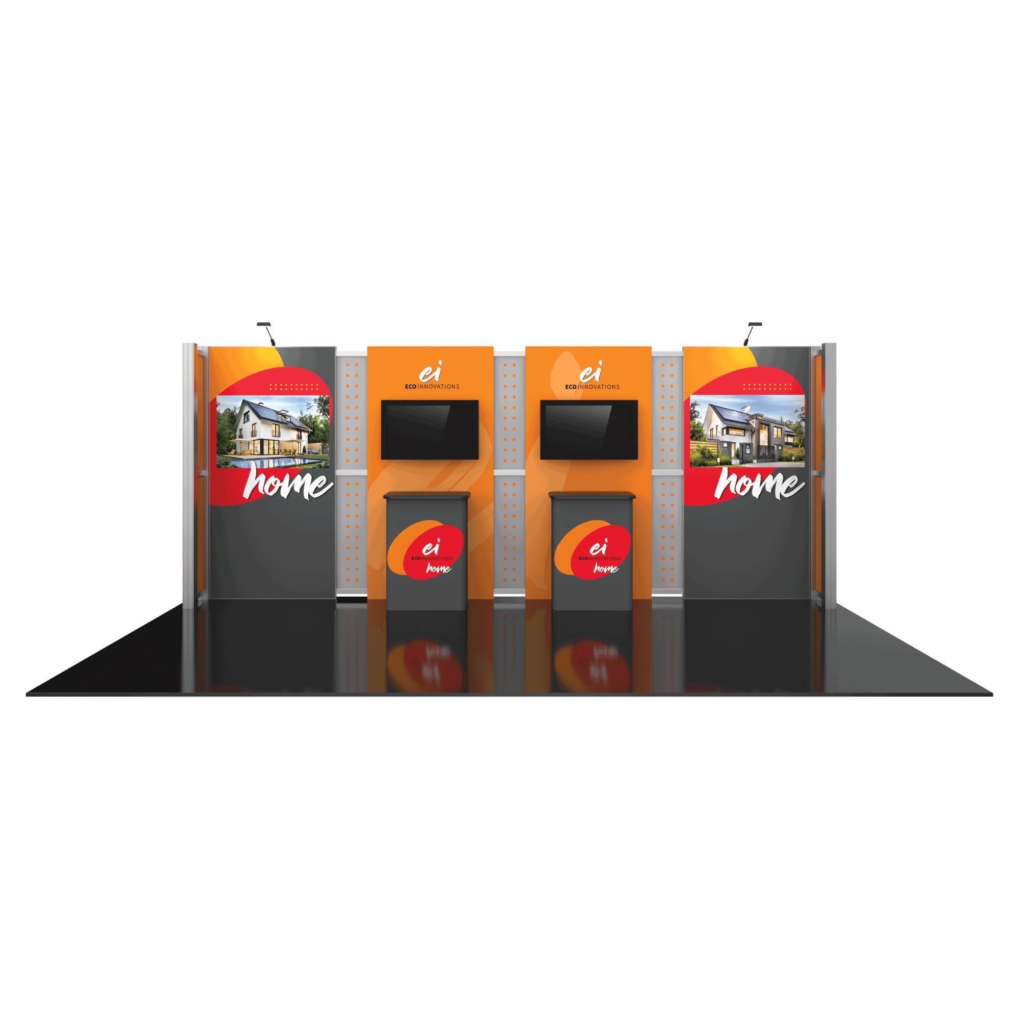 Modular trade show display with branded counters, dual monitors, and home innovation visuals for exhibitions