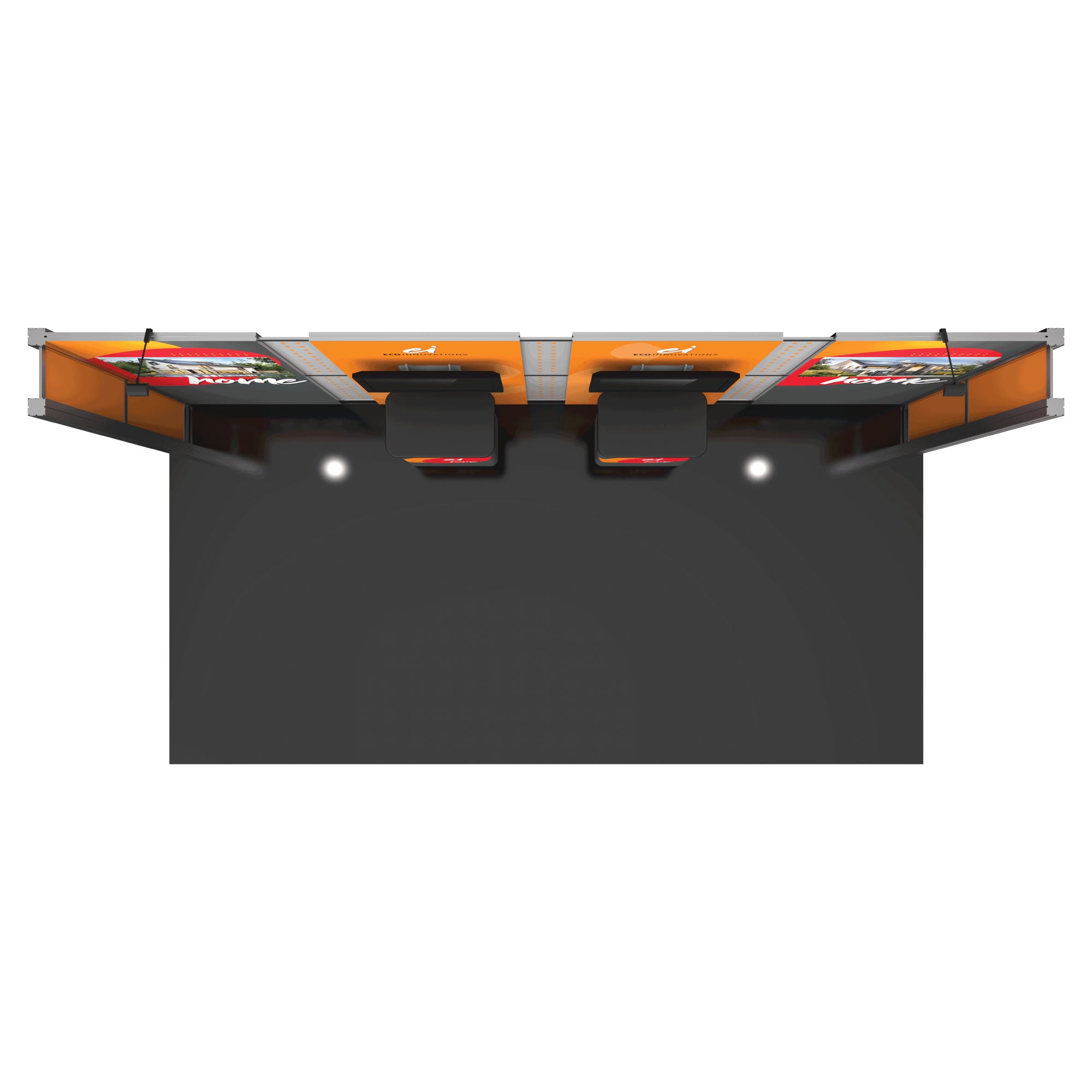 Modular trade show booth with graphic panels, counters, and lighting for exhibitions and events