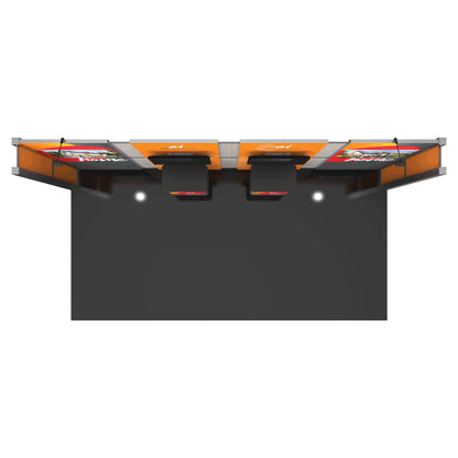 Modular trade show booth with graphic panels, counters, and lighting for exhibitions and events