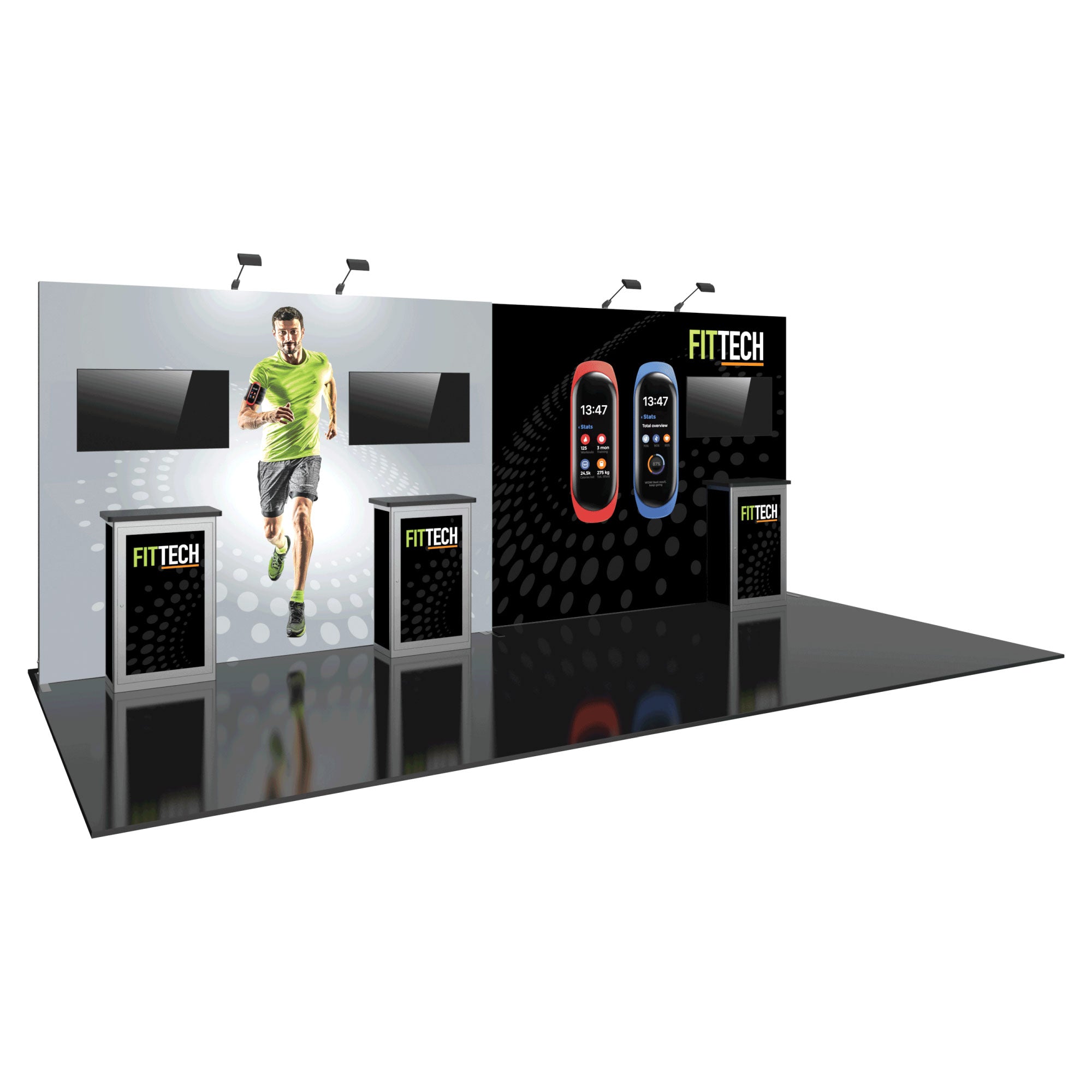 Modular trade show display with FITTECH branding, showcasing running and fitness tracker graphics, screens, and counters for exhibitions