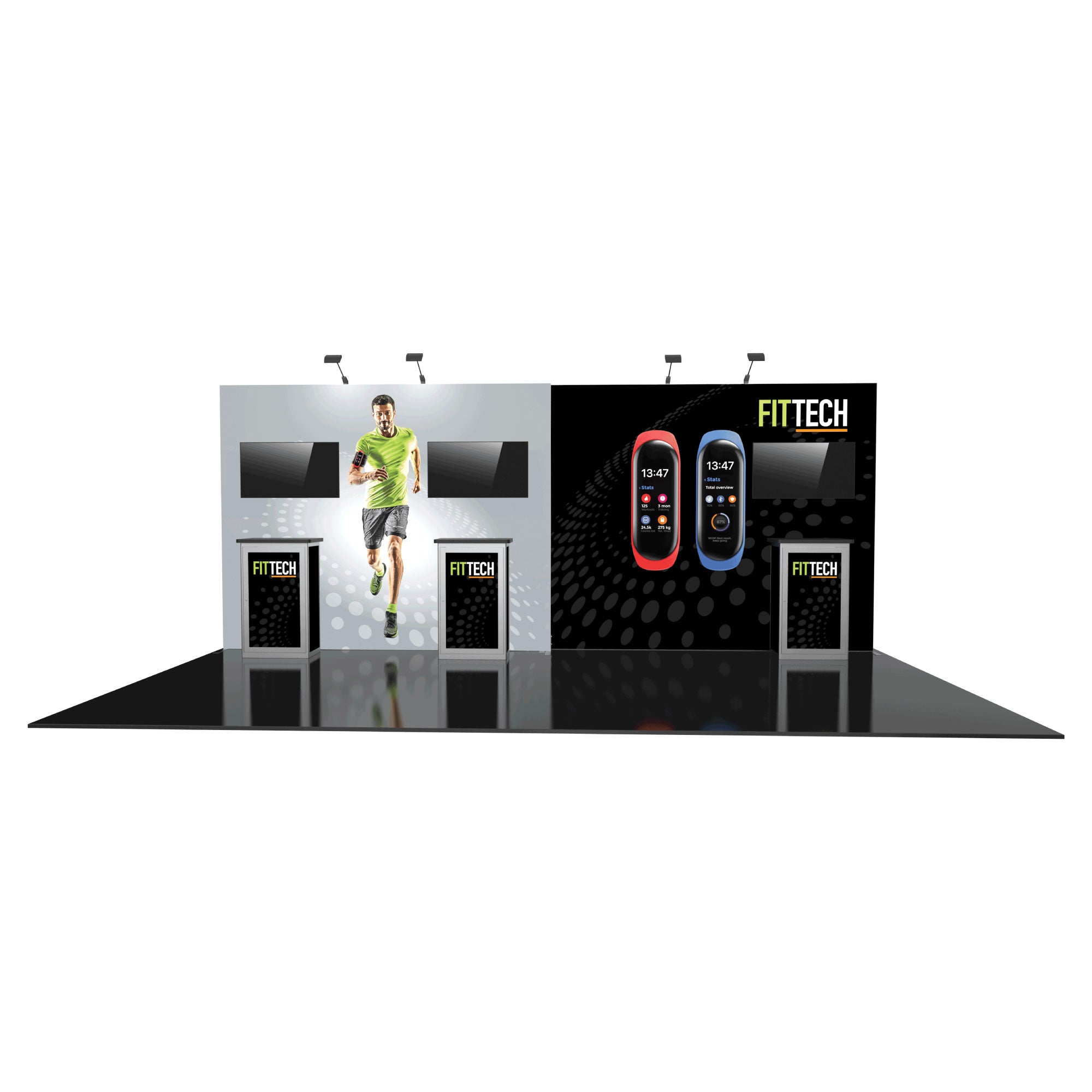Modular trade show display featuring fitness tech branding with screens and product imagery