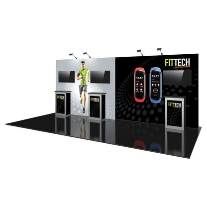 Modular trade show booth with digital fitness displays and promotional counters for exhibitions and events