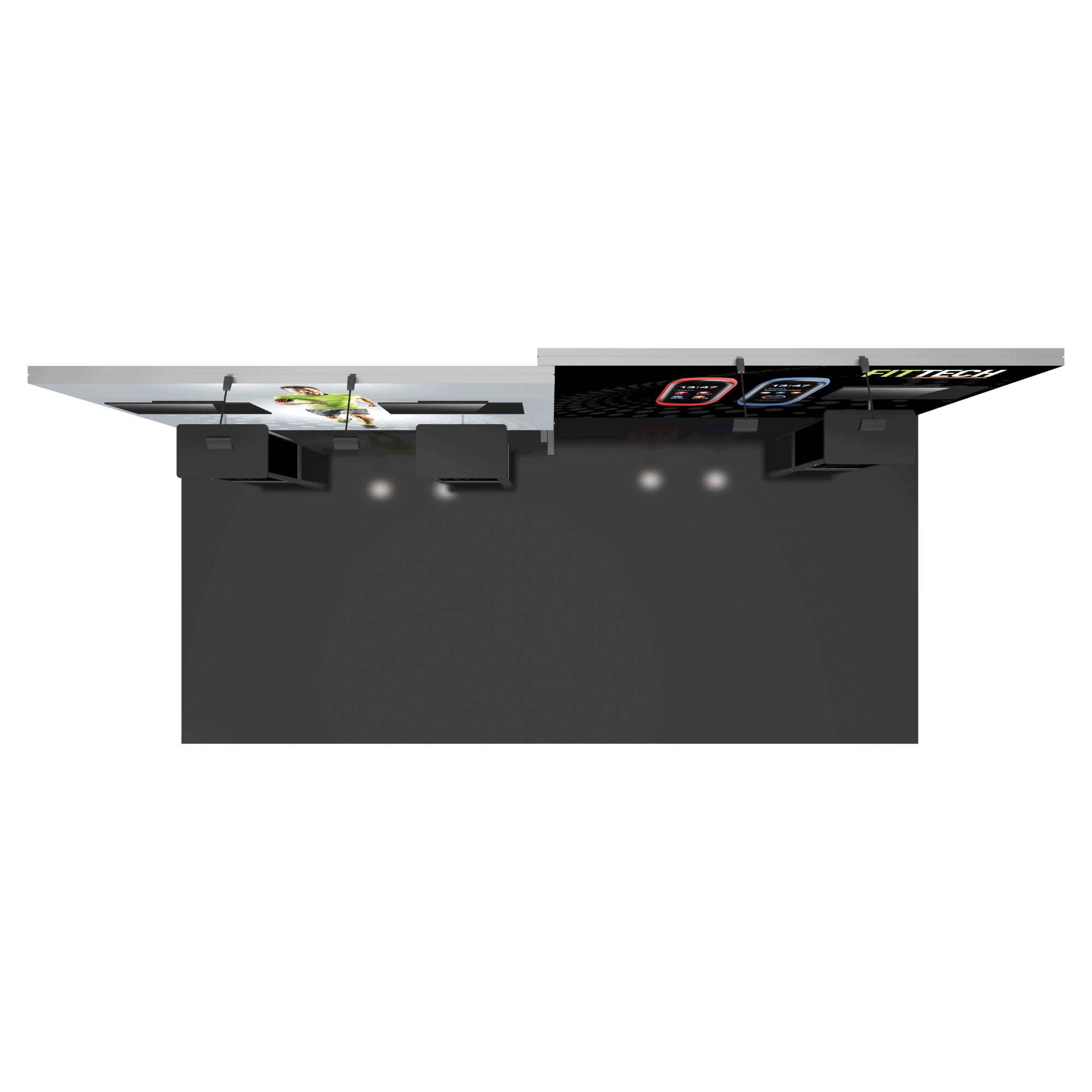 Modular trade show booth setup with graphic displays, overhead lighting, and presentation counters for exhibitions