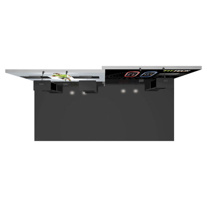 Modular trade show booth setup with graphic displays, overhead lighting, and presentation counters for exhibitions