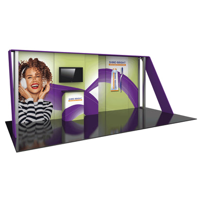 Modular trade show booth with branding for whitening system and promotional graphics for exhibitions