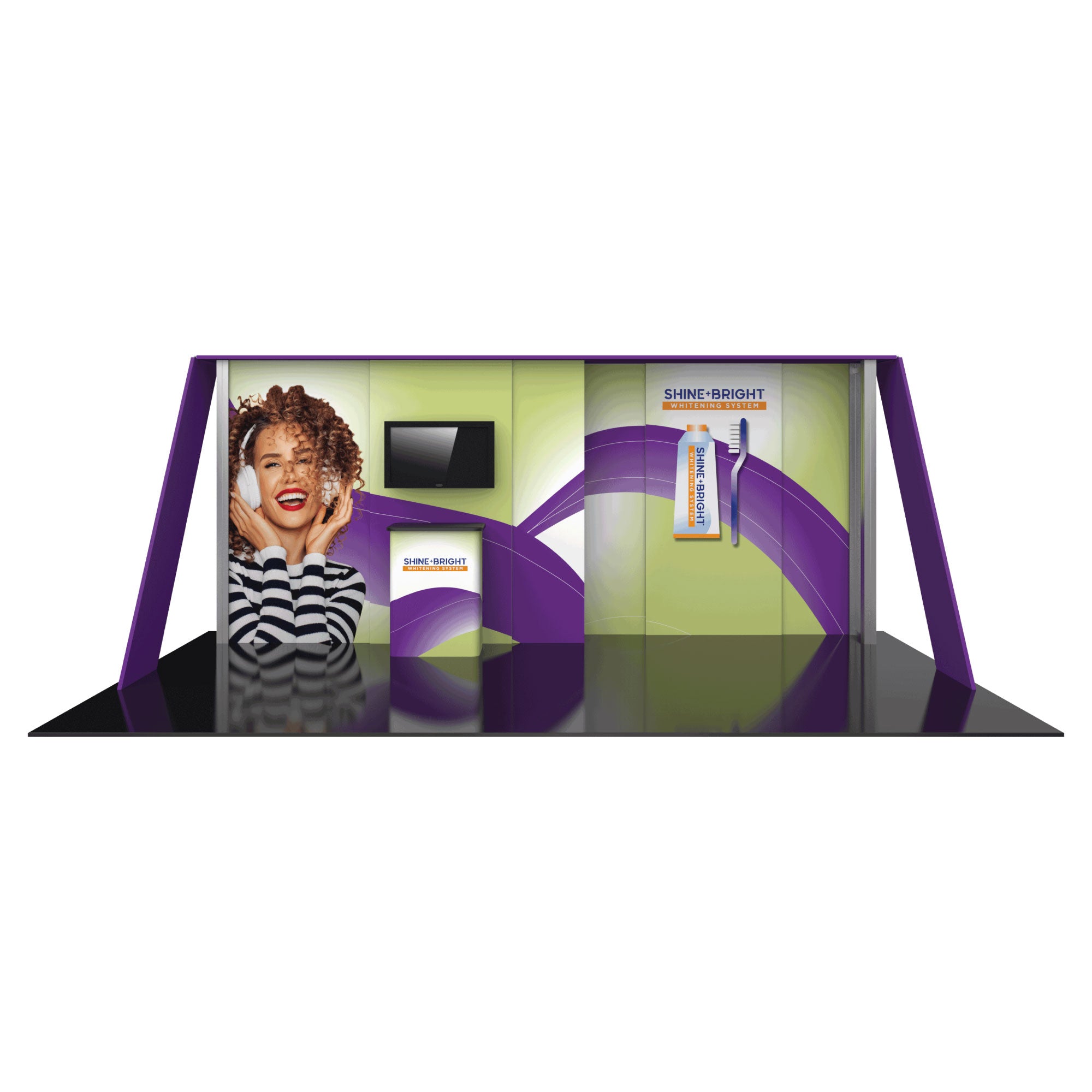 Trade show modular display booth with branding for a whitening system, featuring large graphic panels and monitor