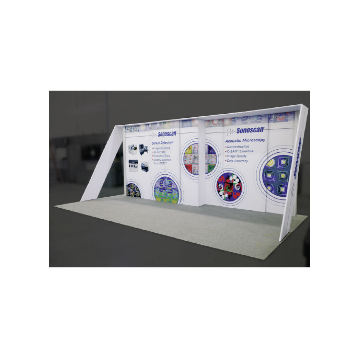 Modular trade show display booth with company branding and scientific graphics for exhibitions