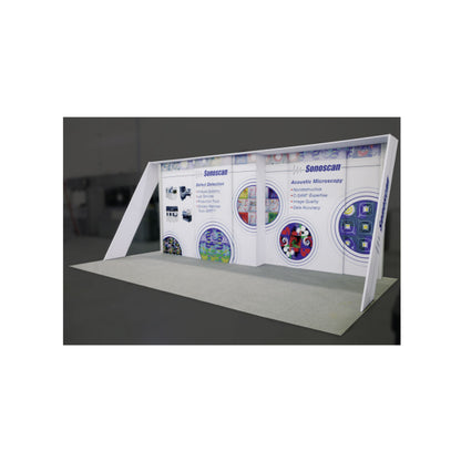 Modular trade show display booth with company branding and scientific graphics for exhibitions