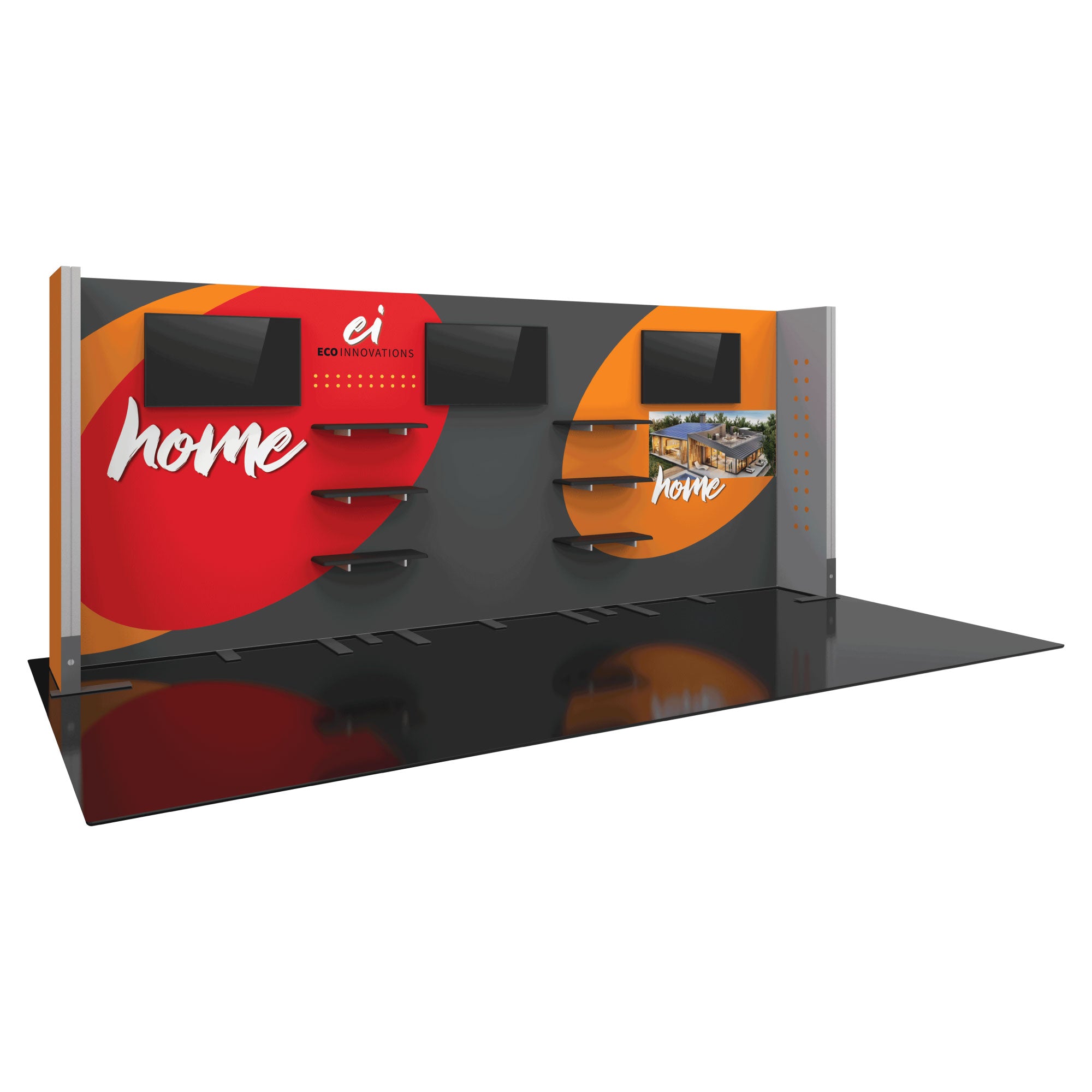 Modular trade show display with TV screens, shelving, and branded graphics for exhibitions and events