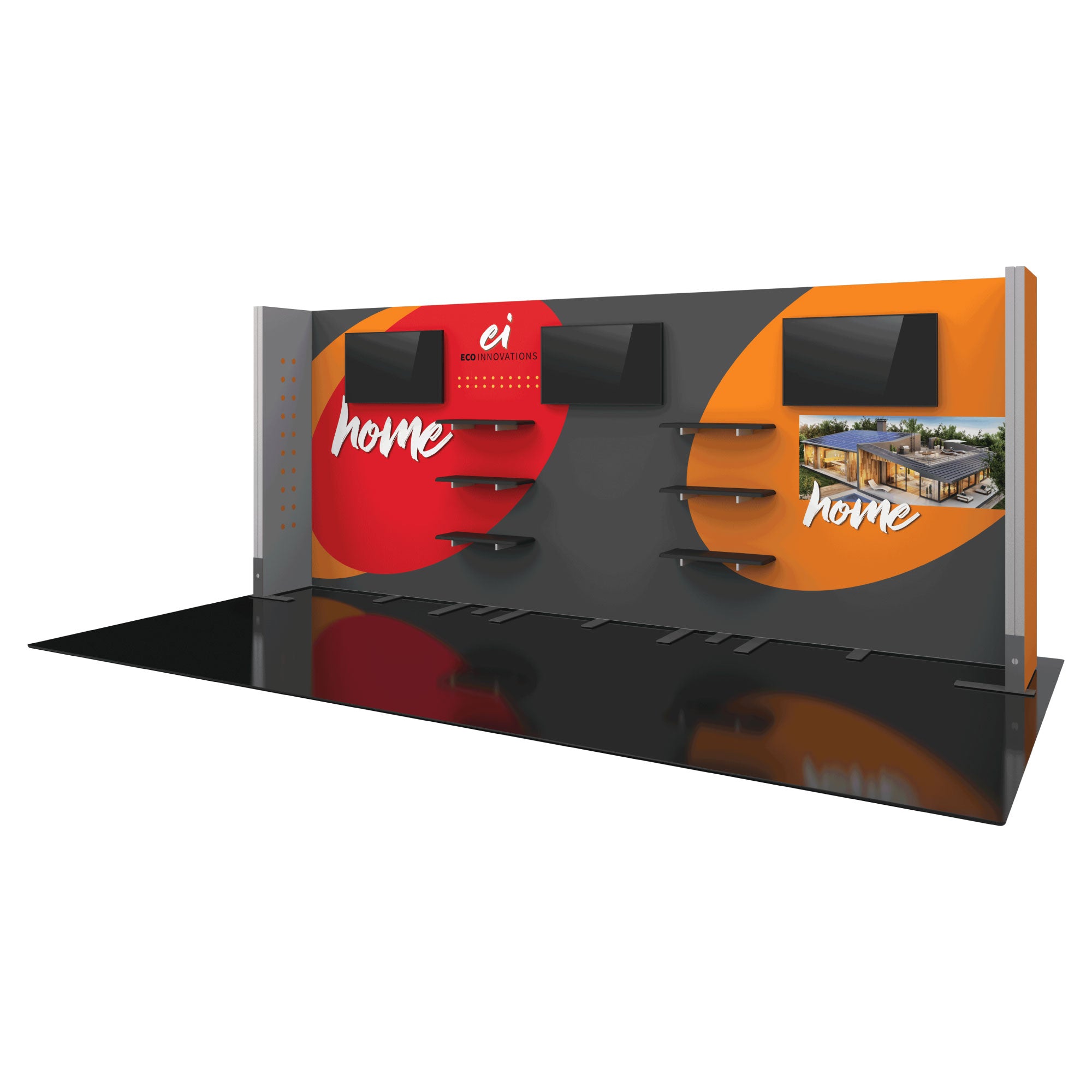 Modular trade show display with multiple monitors and shelves for exhibition branding and presentations