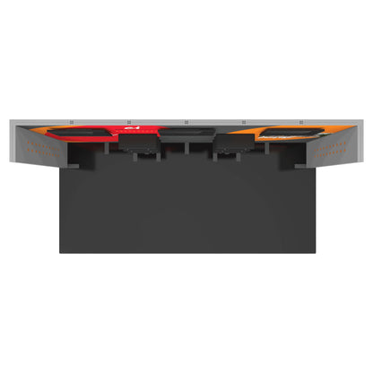 Top view of modular trade show booth with mounted screens and graphic panels for exhibitions and events