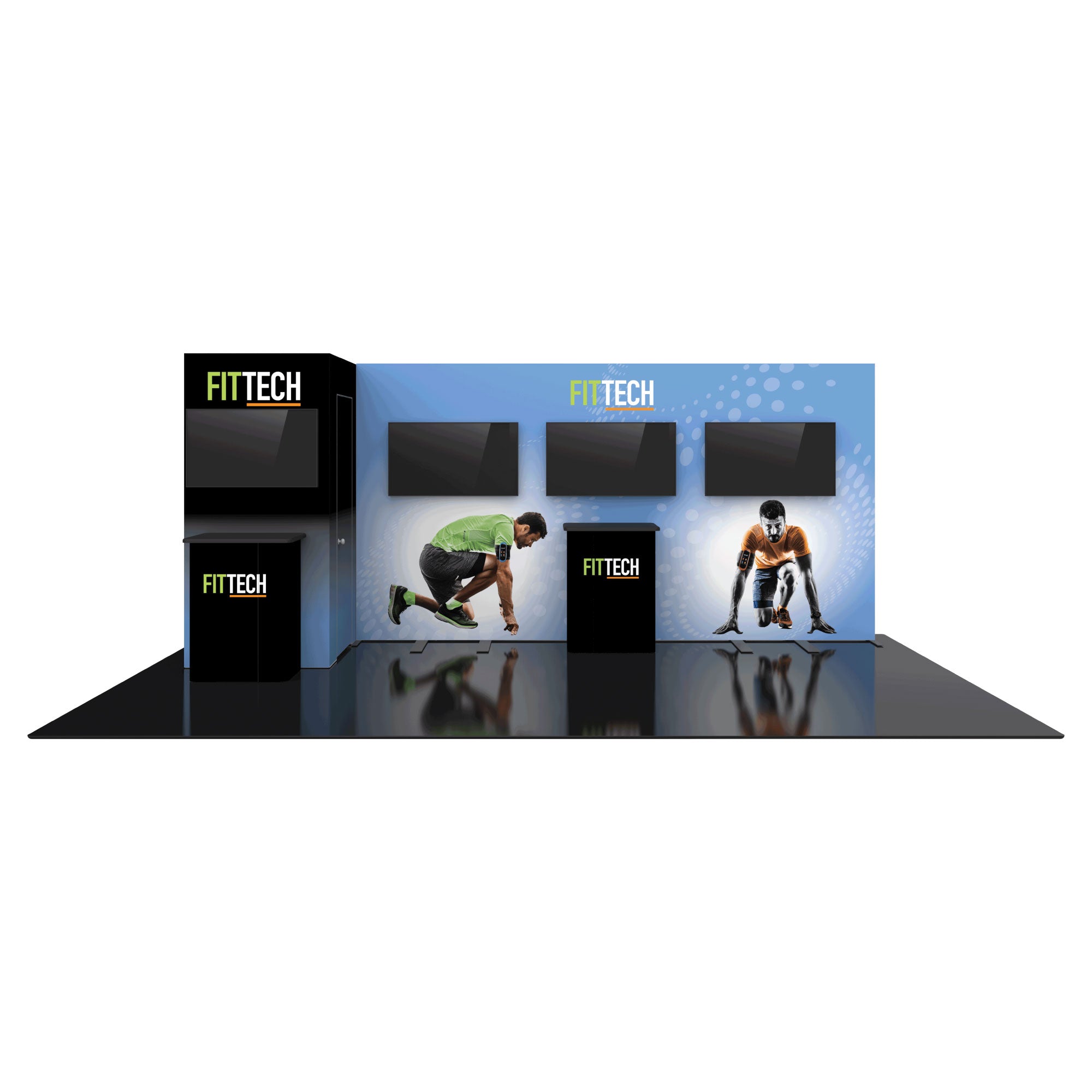 Modular trade show exhibit with FitTech branding, multimedia screens, and athletic imagery for exhibitions