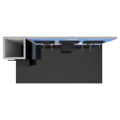 Modular trade show booth with branded back wall, display monitors, and central counter for exhibitions