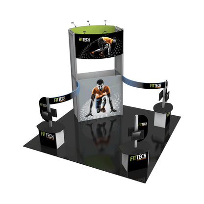 Modular trade show exhibit with branded counters, overhead signage, and digital displays for exhibitions and events