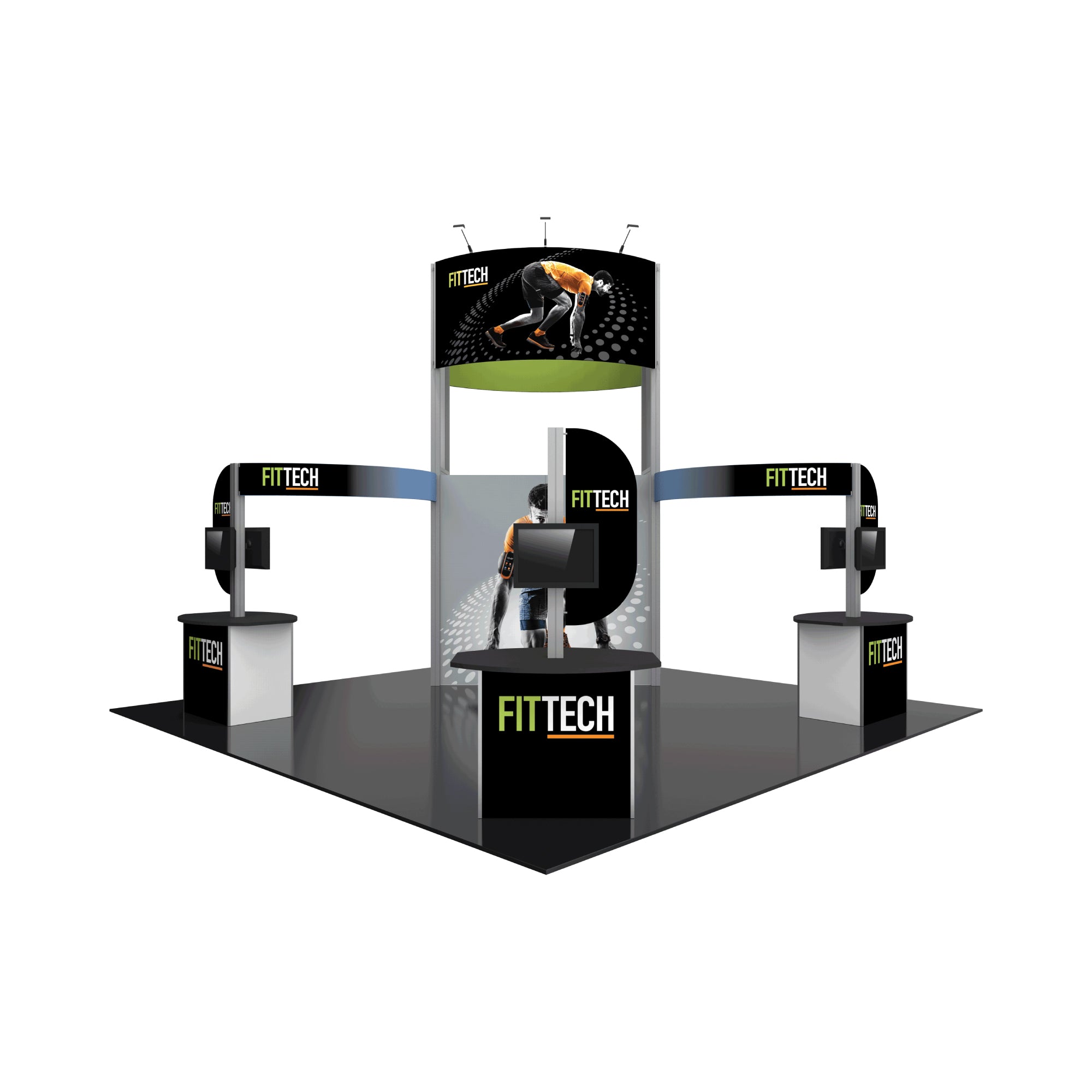 FITTECH trade show booth setup featuring curved display panels, counters, and screens for exhibitions