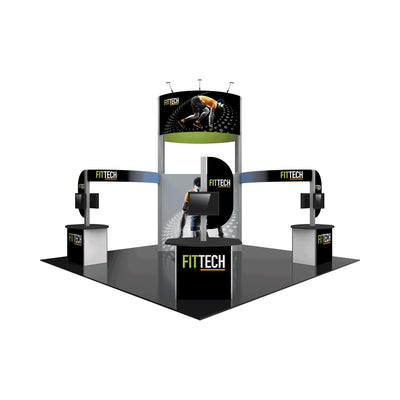 FITTECH trade show booth setup featuring curved display panels, counters, and screens for exhibitions