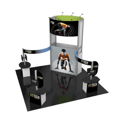 trade show booth display with branded curved banners, interactive screens, and athlete graphics for exhibitions
