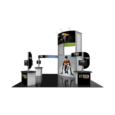 Modern trade show booth with branded graphics, display monitors, and curved overhead banner for exhibitions