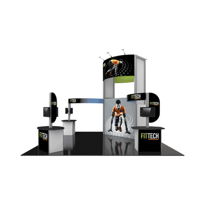 Modern trade show booth with branded graphics, display monitors, and curved overhead banner for exhibitions