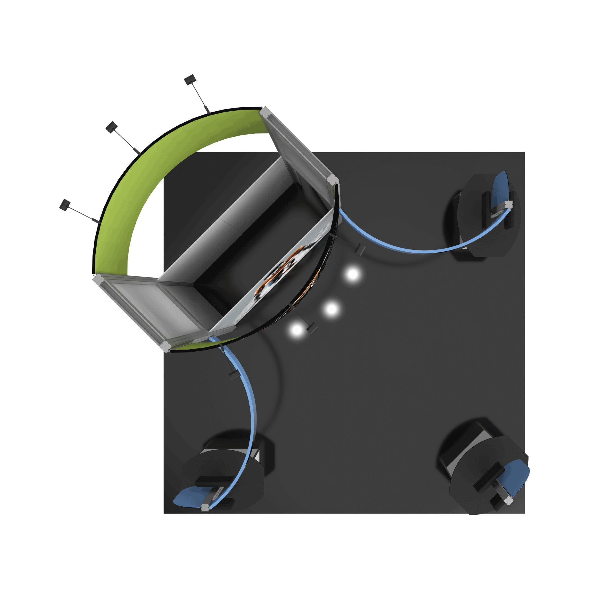 Overhead view of a curved trade show booth with lighting and three podiums with monitors for exhibitions and events