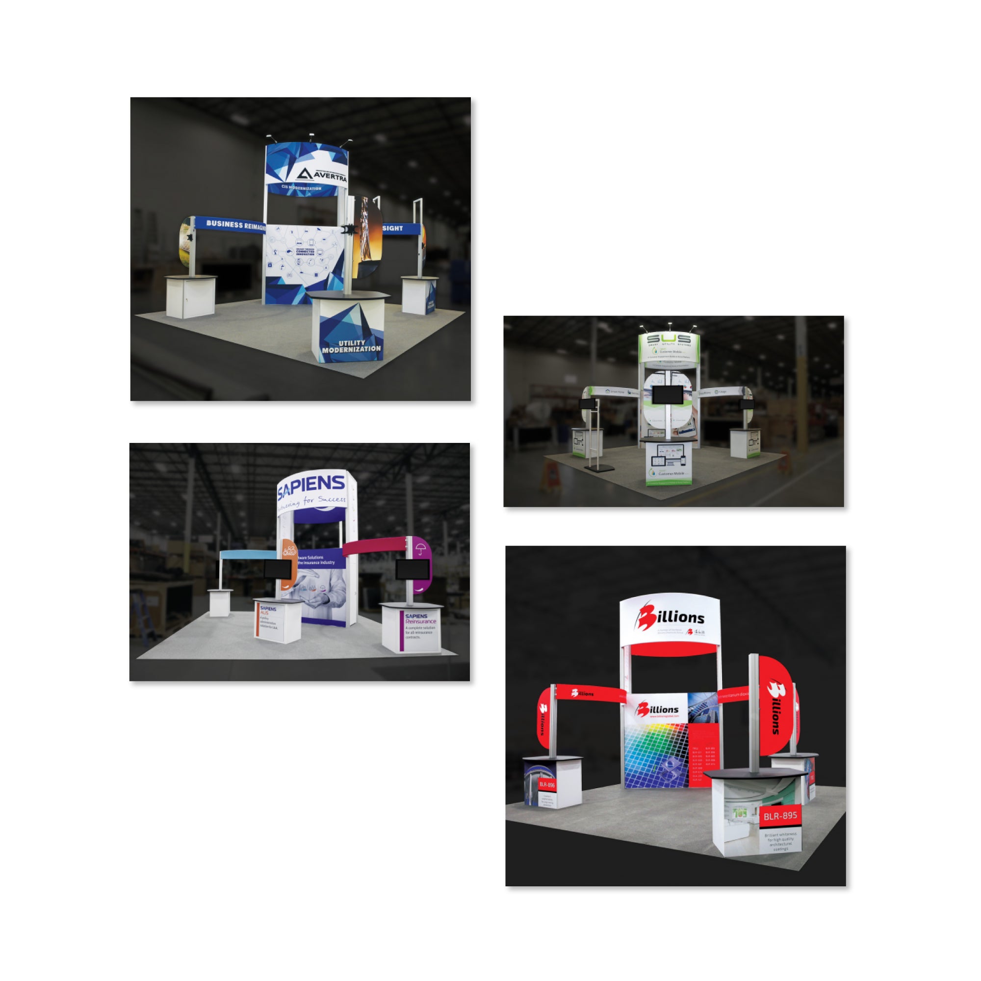 Trade show exhibition booths with branded fabric displays, counters, and overhead signage for events