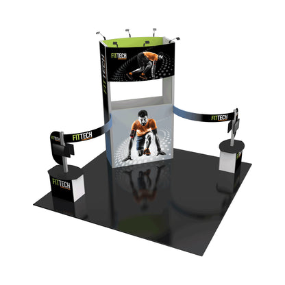 Modular trade show booth with branded fabric panels and interactive display stands for exhibitions