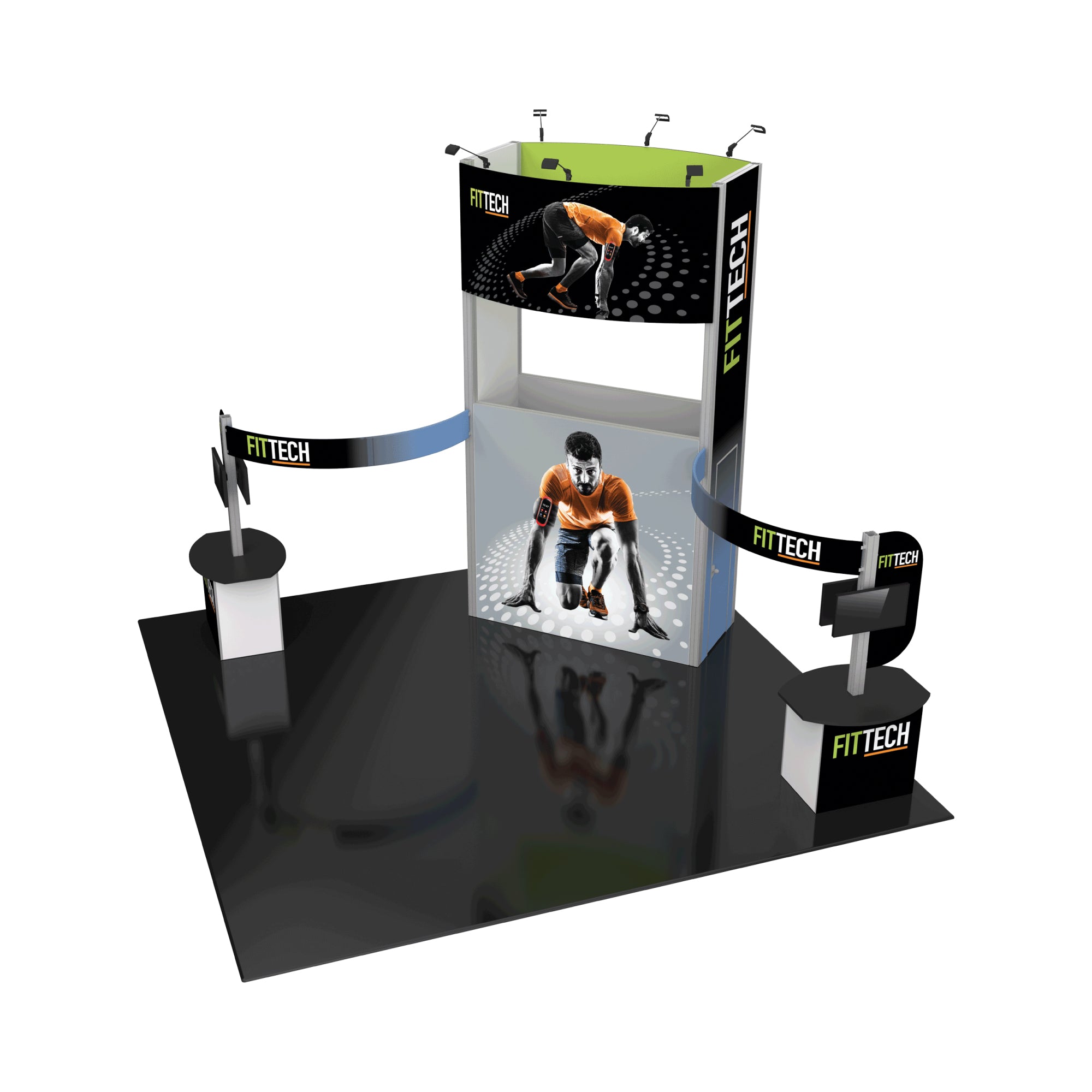 Modular trade show booth with branded panels, digital displays, and athlete graphics for exhibitions and events