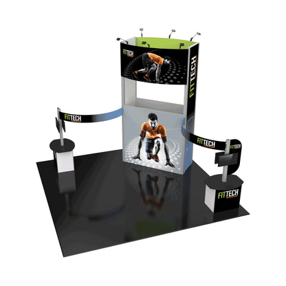 Modular trade show booth with branded panels, digital displays, and athlete graphics for exhibitions and events