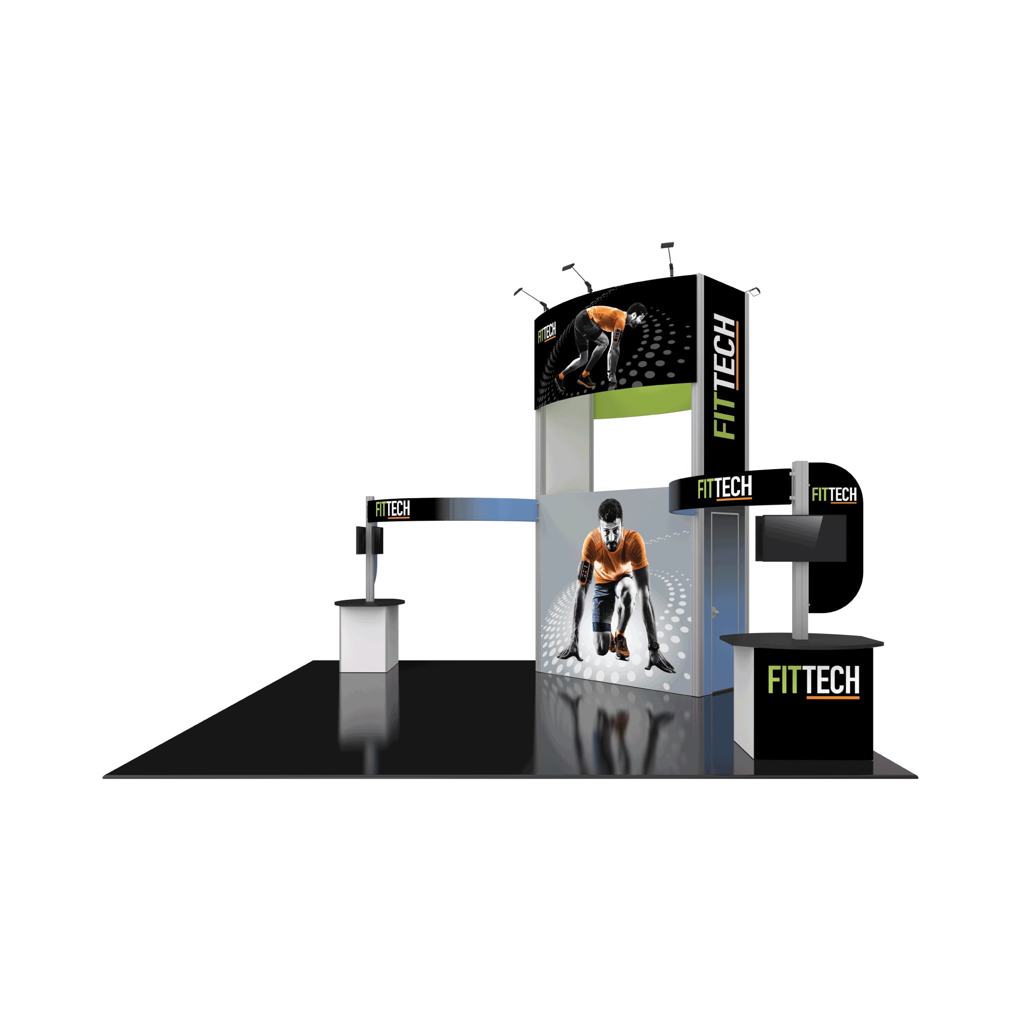Modular trade show exhibit with FITTECH branding, large graphics, lit displays, and counters for exhibitions