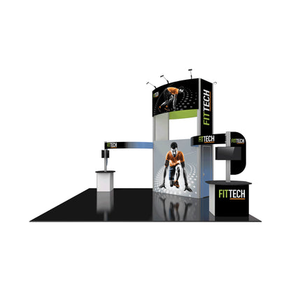Modular trade show exhibit with FITTECH branding, large graphics, lit displays, and counters for exhibitions
