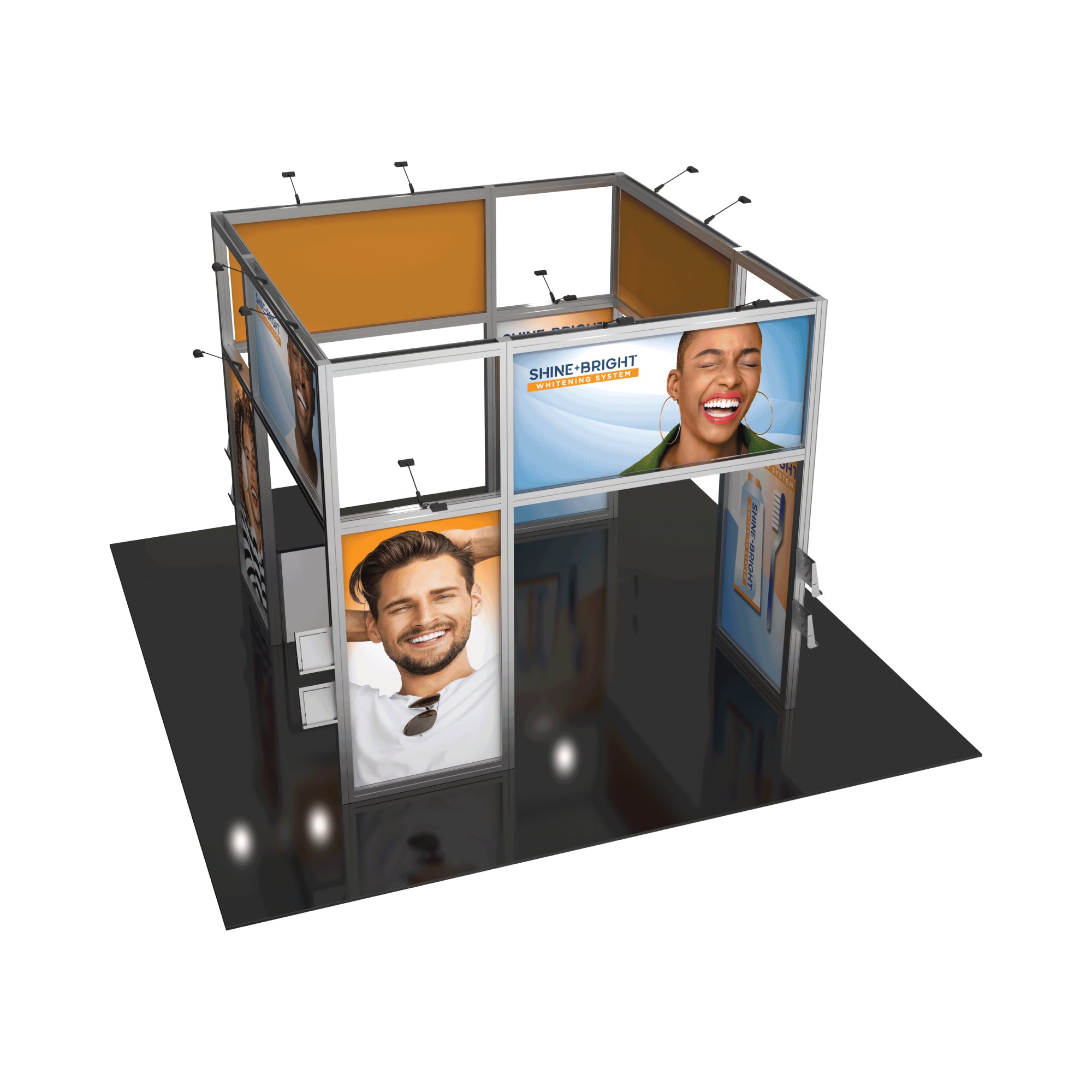 Modular trade show booth with customizable frames displaying advertising panels for Shine Bright Whitening System