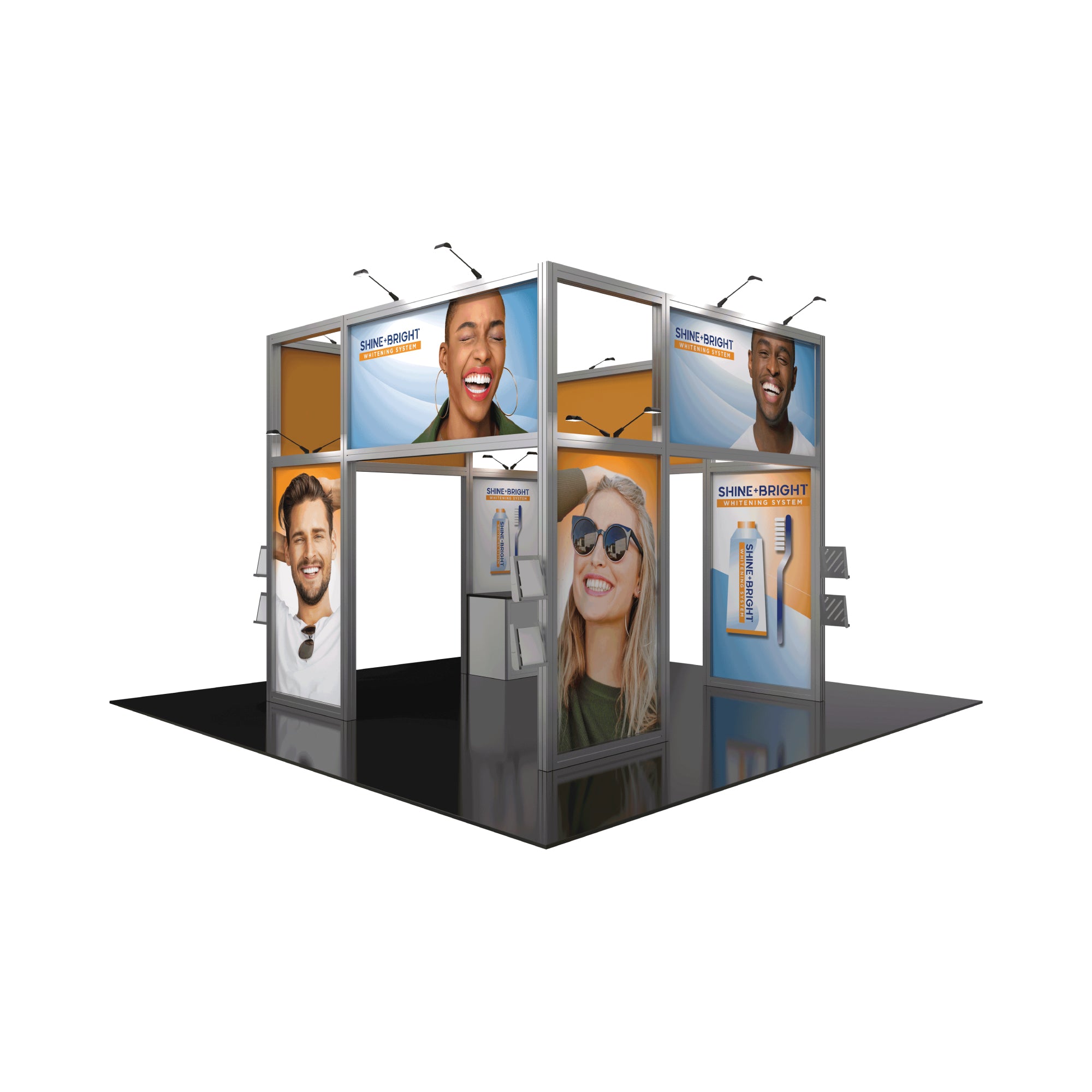 Modular trade show booth with large smiling faces and whitening system product displays for exhibitions