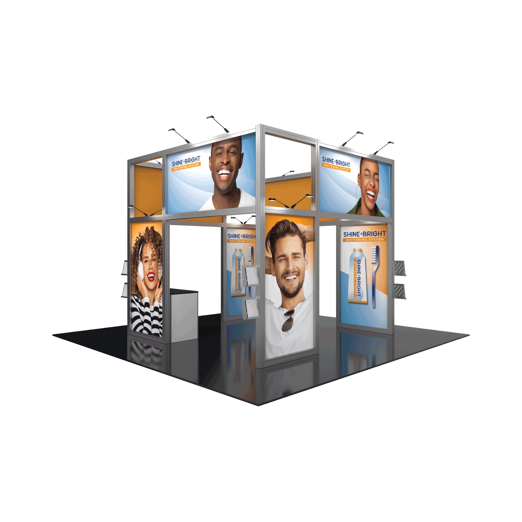 Modular trade show display booth with large backlit panels featuring smiling faces and product branding for exhibitions