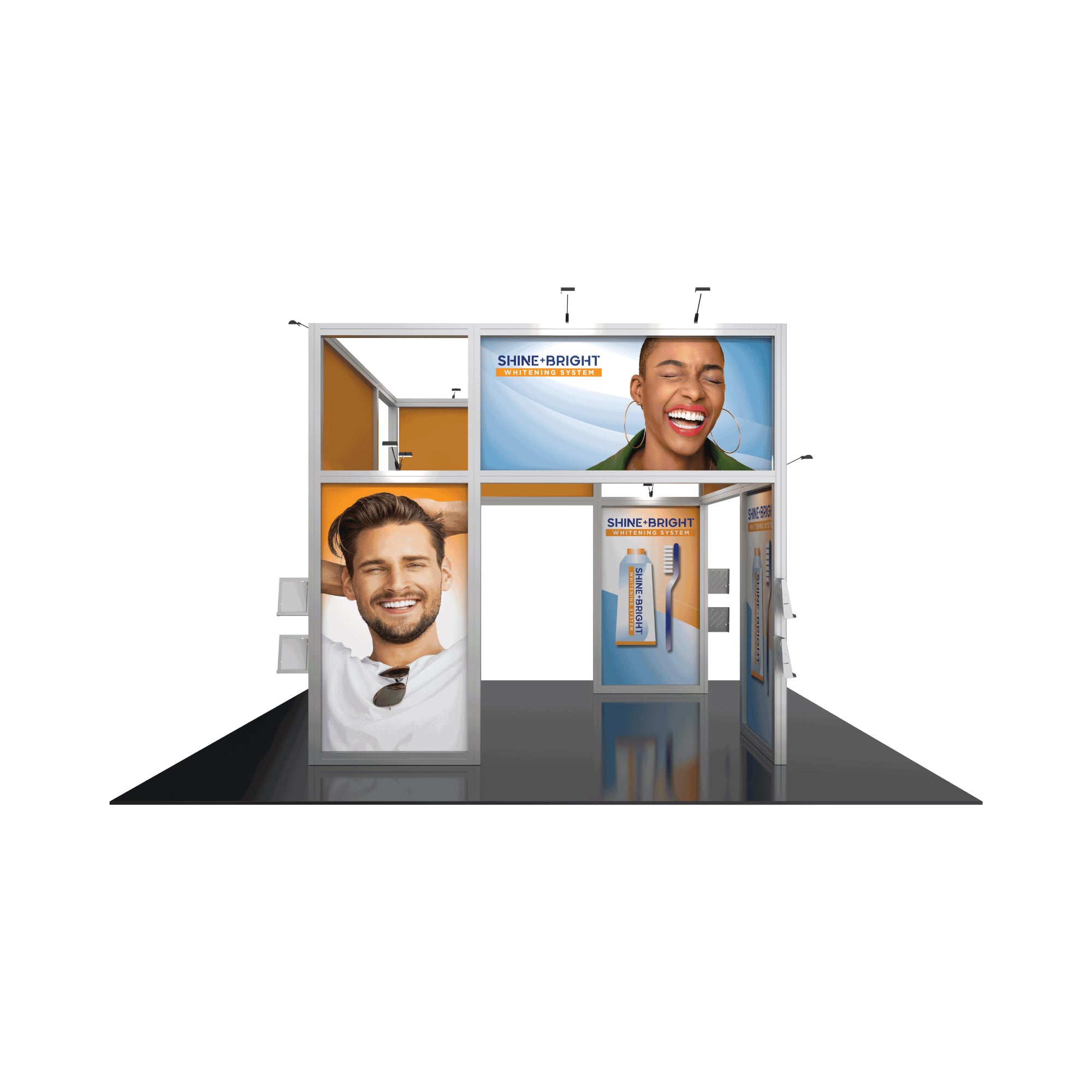 Modular trade show booth with large smiling faces and Shine+Bright whitening system product displays
