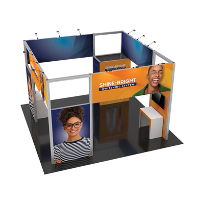 Modular trade show booth with custom branding for Shine Bright Whitening System, featuring graphics and display space