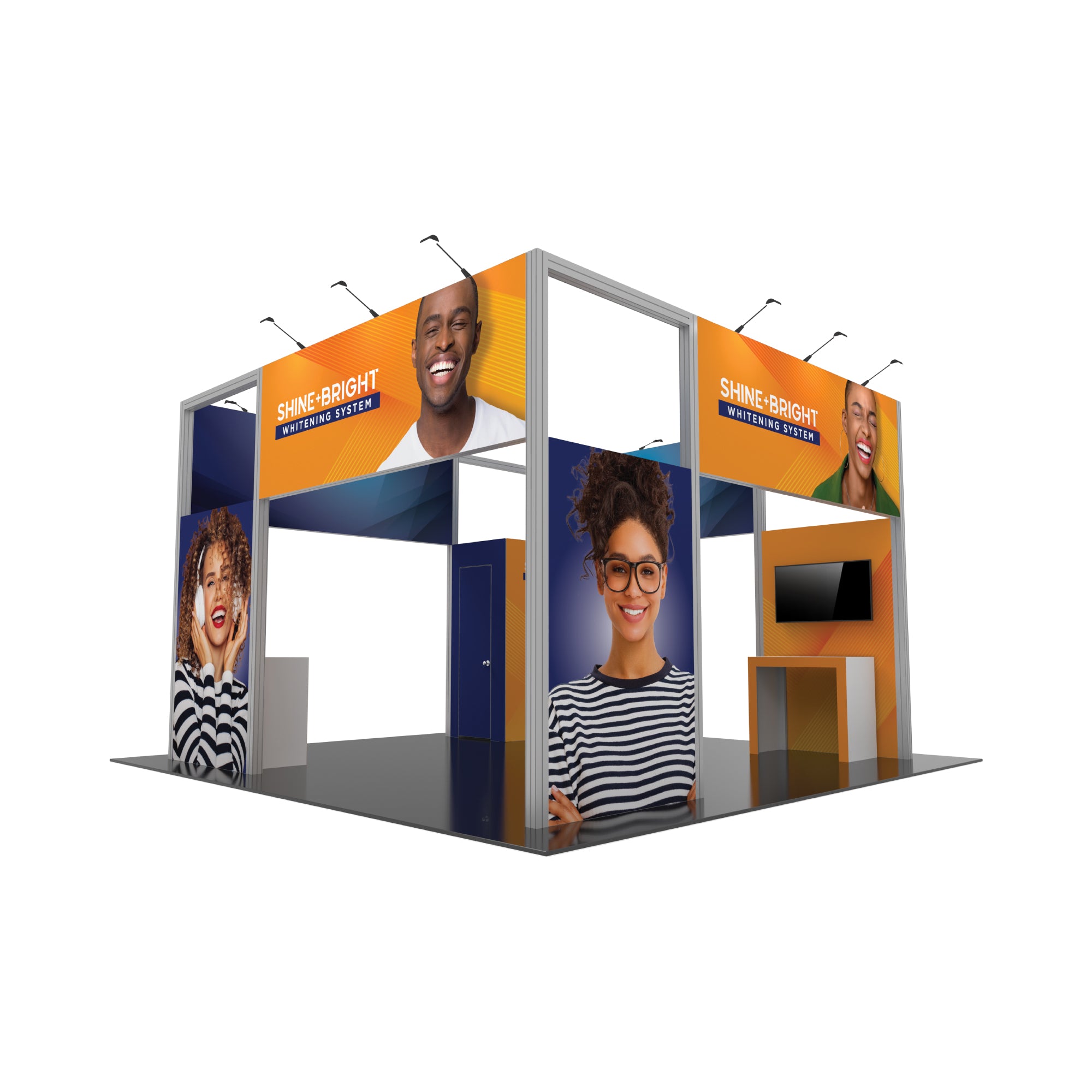 Modular trade show display booth with large smiling faces and branding for Shine Bright Whitening System