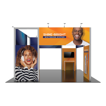 Trade show booth featuring Shine Bright Whitening System with smiling faces and product display