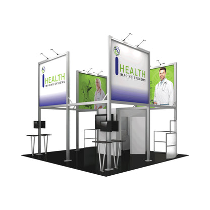Modular trade show booth with large health imaging systems graphics and monitor stands for exhibitions