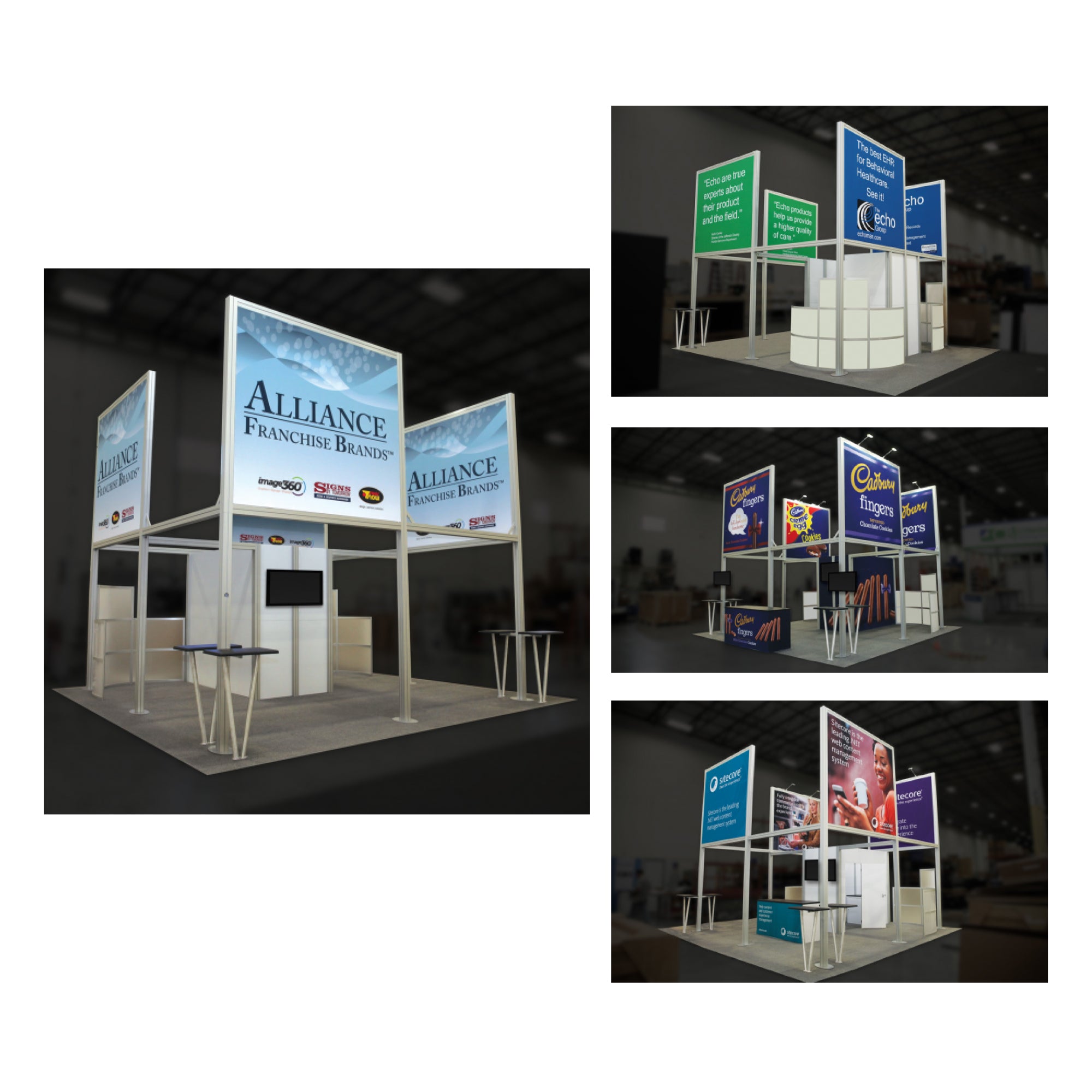 Modular trade show display booths with large branded graphics and counters for exhibitions and events