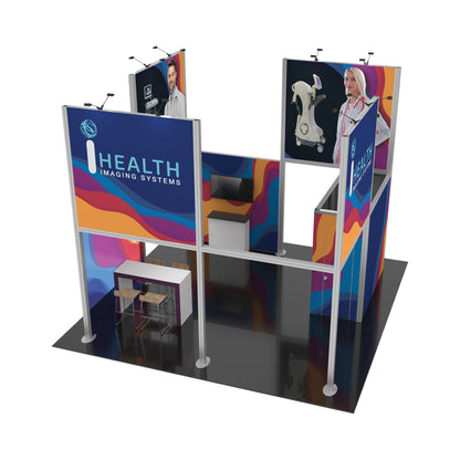 Modular trade show booth for health imaging systems with branded panels, seating, and display monitors